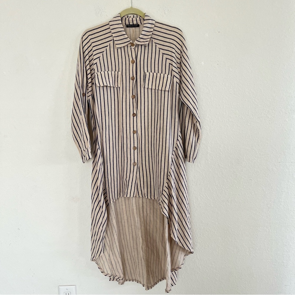 MADEINITALY Striped High Low Shirt Dress - Top Striped Button-Up High-Low